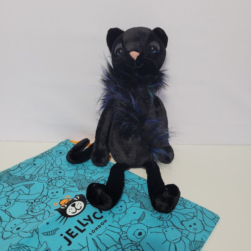 New Jellycat I Am Glamorama Cat Black Cat with Boa Retired 16" Plush Collectible